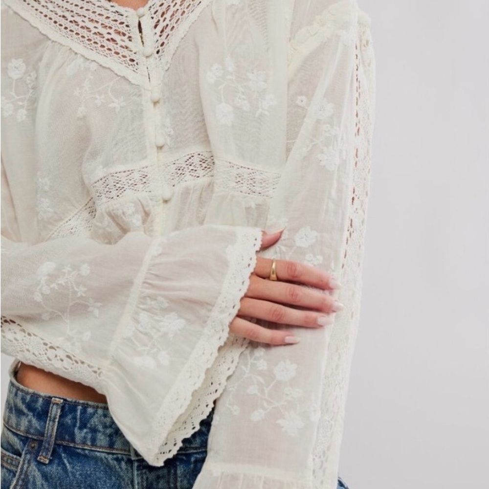 Free People Sweet Love Embroidered Lace-Trim Peasant Blouse